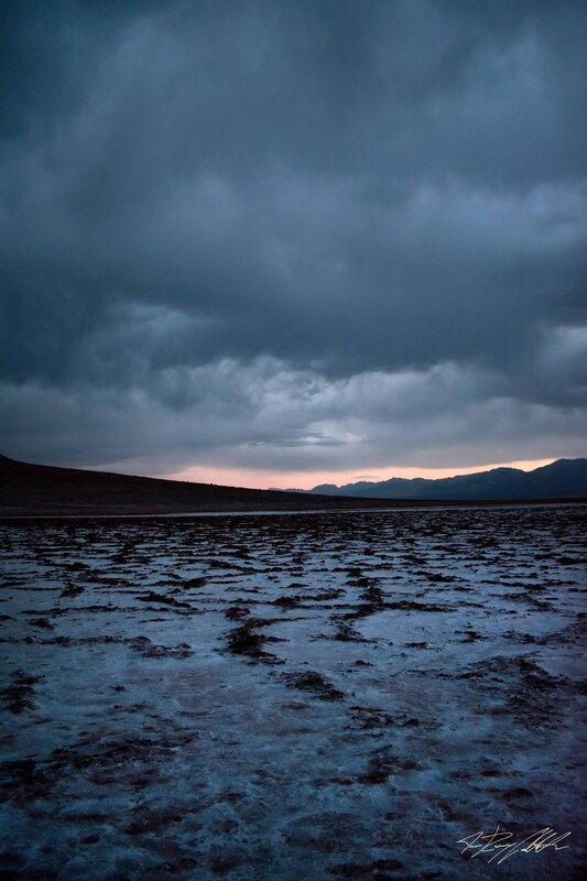 Photograph of the sunset at the salt flats of Badwater Basin in Death Valley National Park.