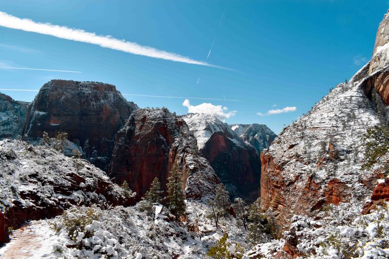 Photograph of snow covering the Angels Landing trail in Zion National Park.
