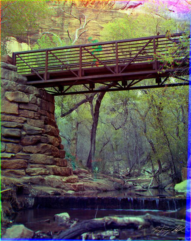 Tricolor photograph of a bridge in Zion National Park.