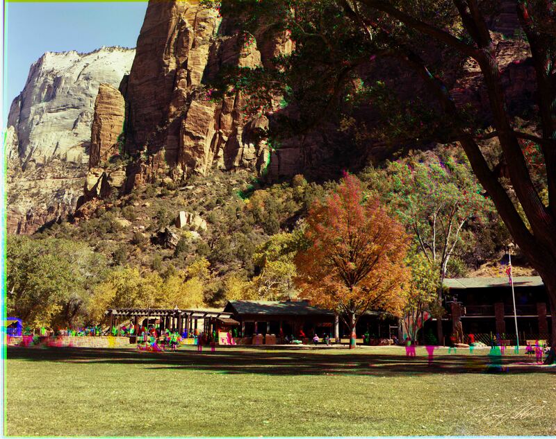 Tricolor photograph of the lodge in Zion National Park.