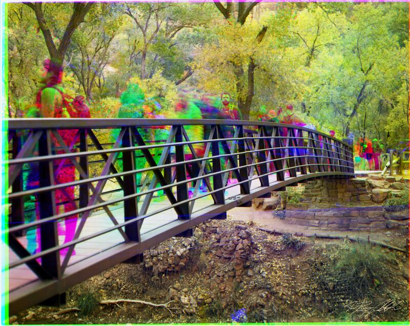 Tricolor photograph of a crowded bridge in Zion National Park.
